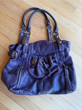 Plum Leather Shoulder Ho-bo Bag with Drawstring Pocket
